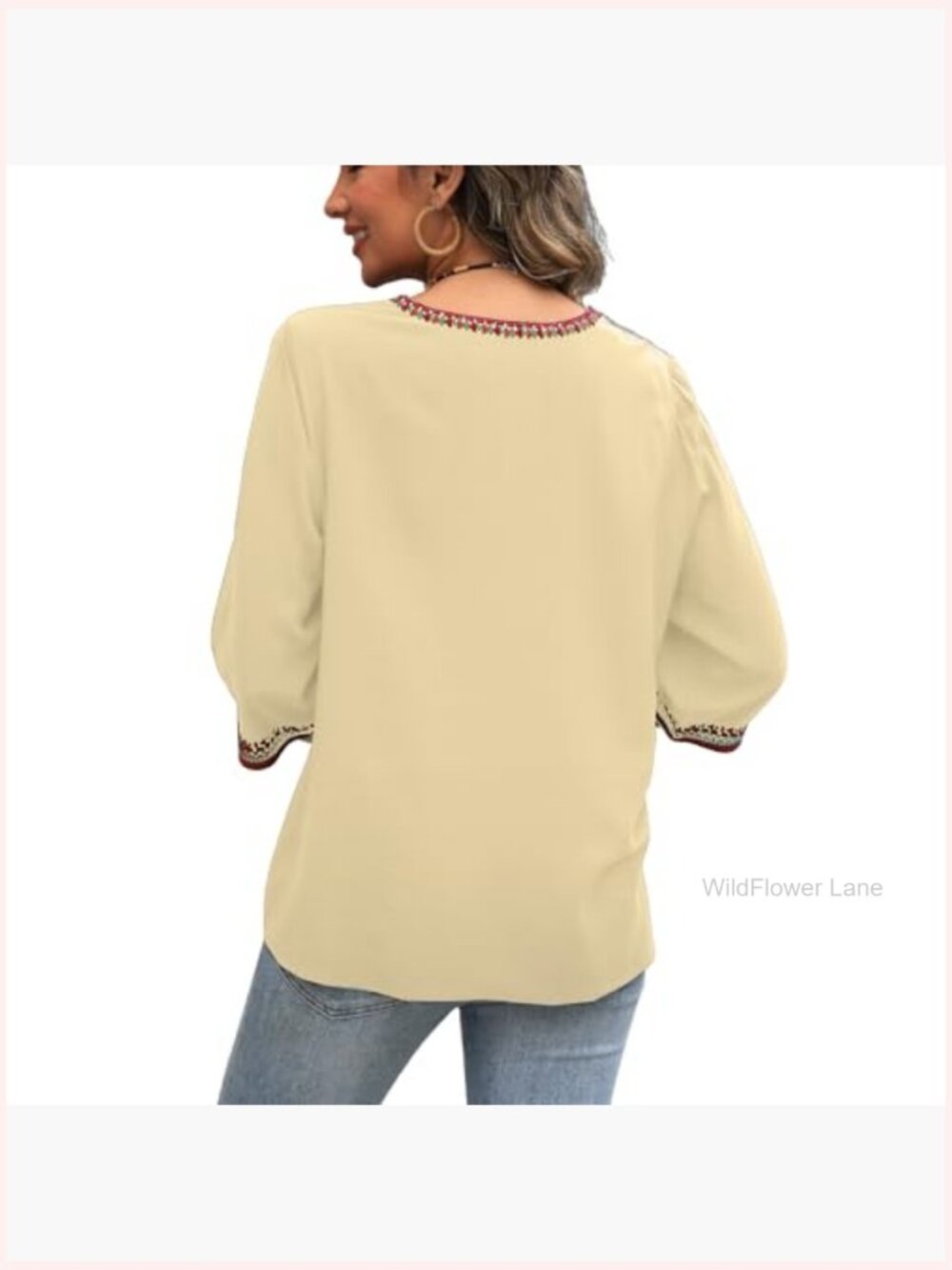 Boho Embroidered V-Neck Tunic Blouse Peasant Hippie Top - Picture 6 of 6